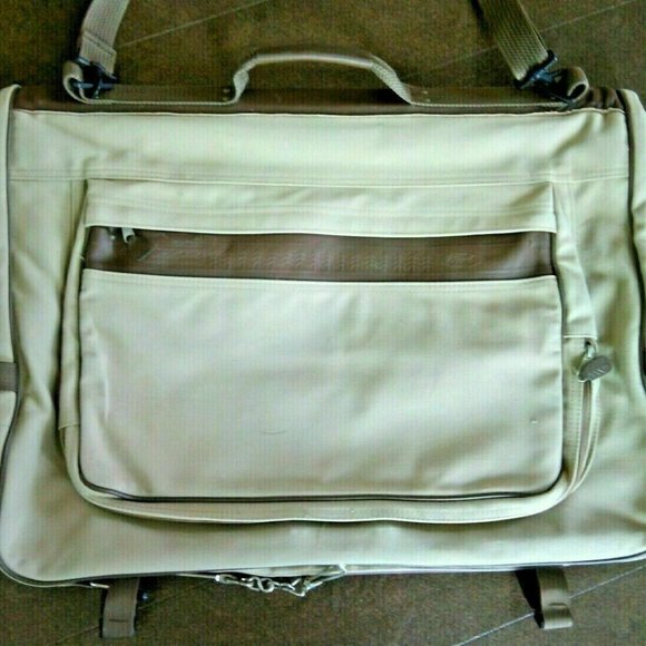Eddie Bauer Ford Edition Khaki Canvas Leather Garment Bag Luggage Travel Carry - Picture 3 of 16